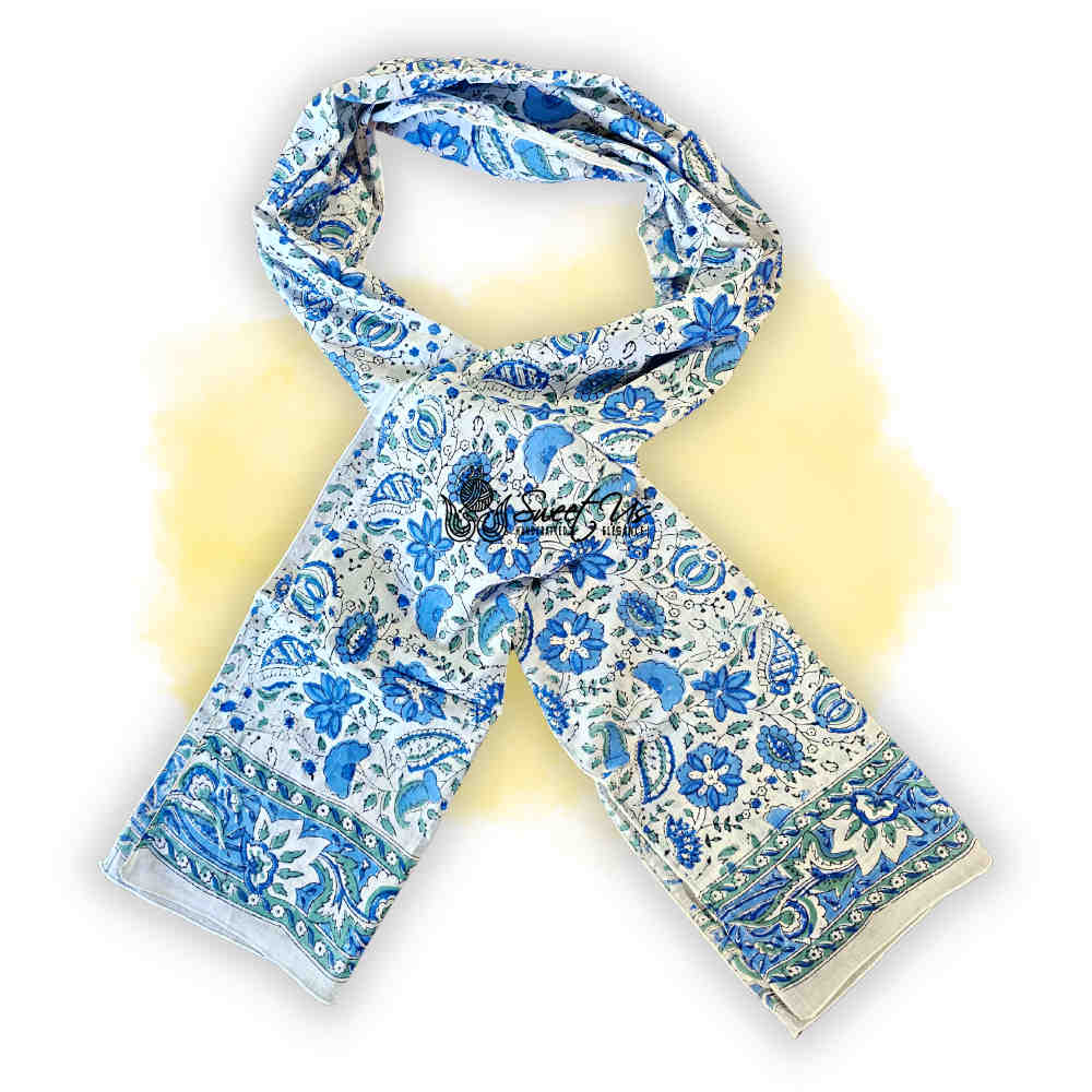 Padma Series Hand-Block Lightweight Cotton Long Scarf — Indigo Sea