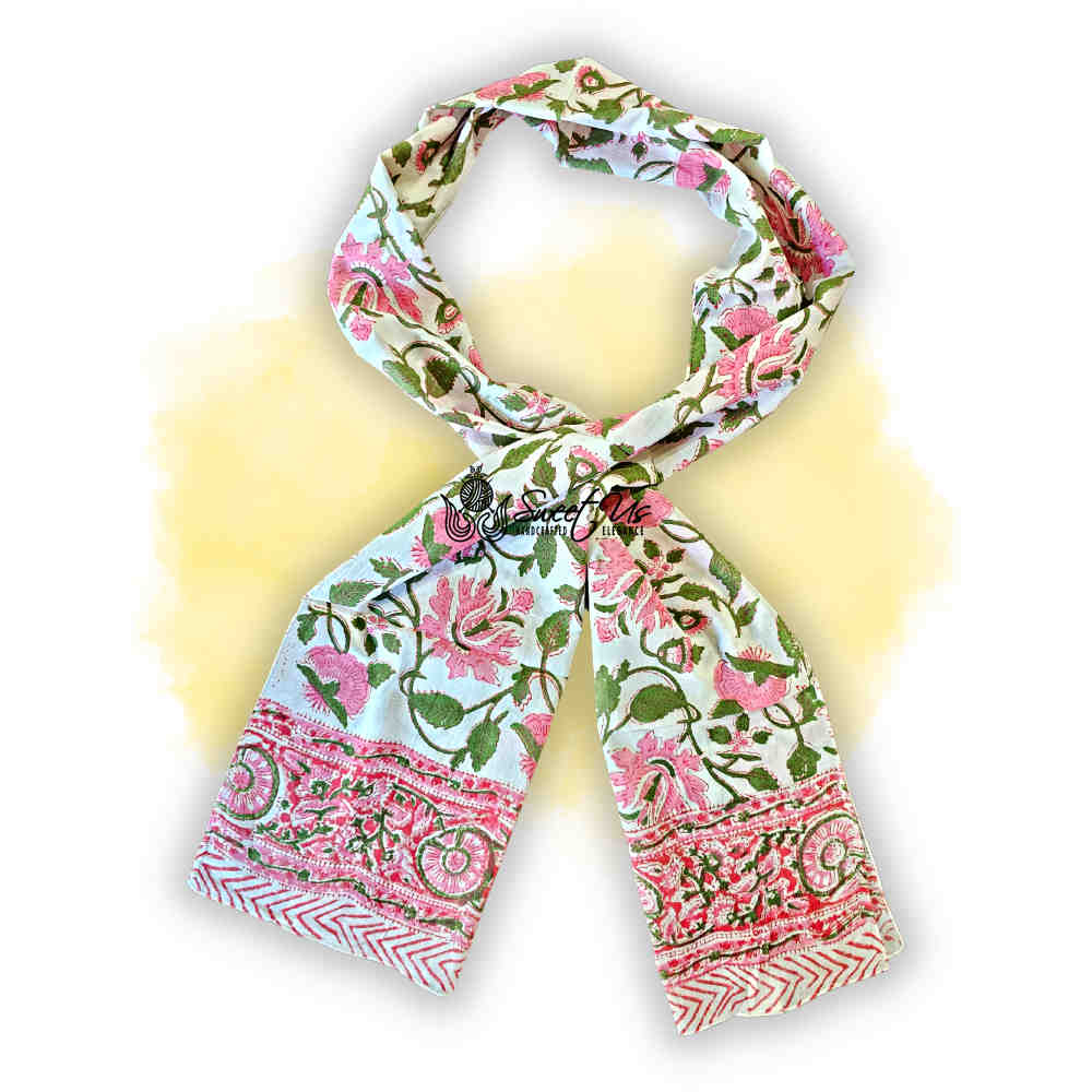 Padma Series Hand-Block Lightweight Cotton Long Scarf — Rose & Sage