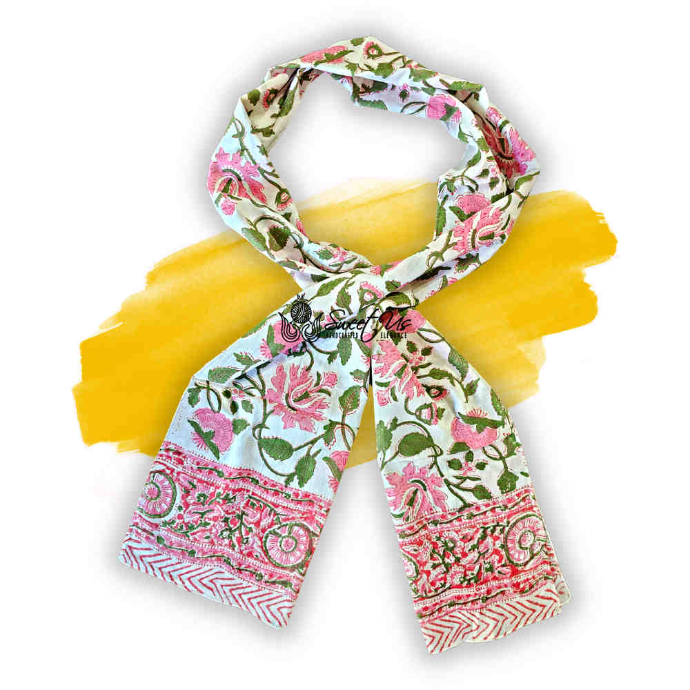 Padma Series Hand-Block Lightweight Cotton Long Scarf — Rose & Sage