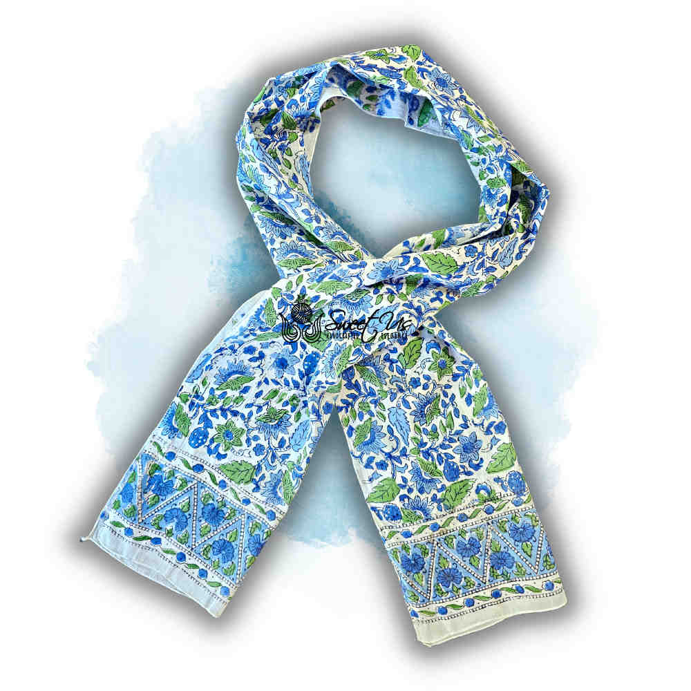Padma Series Hand-Block Lightweight Cotton Long Scarf — Emerald Leaf