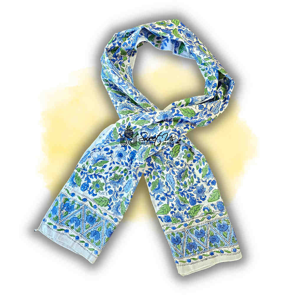 Padma Series Hand-Block Lightweight Cotton Long Scarf — Emerald Leaf