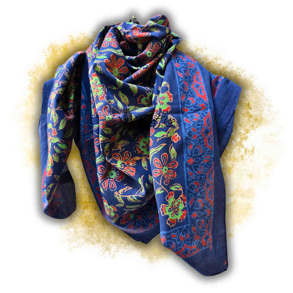 Riviera Petals Cotton Block Print Summer Floral Scarf for Women, Ultramarine