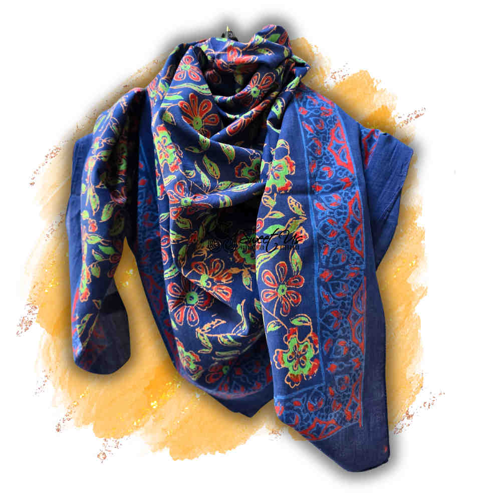 Riviera Petals Cotton Block Print Summer Floral Scarf for Women, Ultramarine