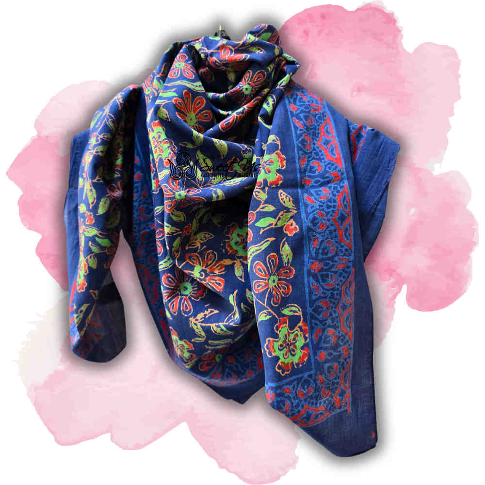 Riviera Petals Cotton Block Print Summer Floral Scarf for Women, Ultramarine