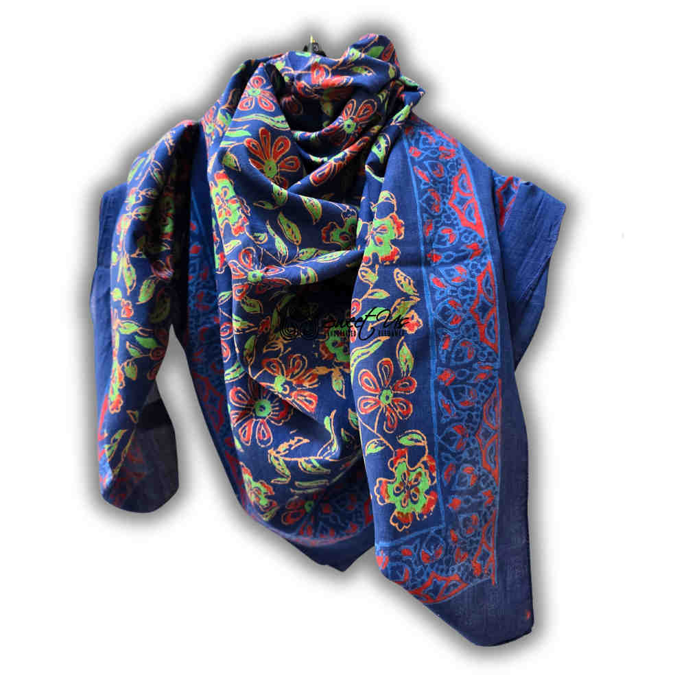 Riviera Petals Cotton Block Print Summer Floral Scarf for Women, Ultramarine