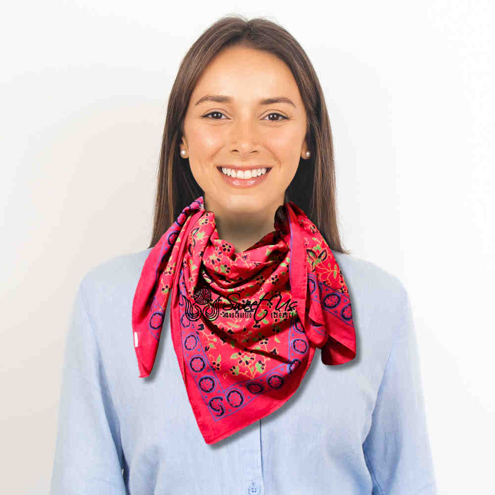 Riviera Petals Cotton Block Print Summer Floral Scarf for Women, Elysian Rouge