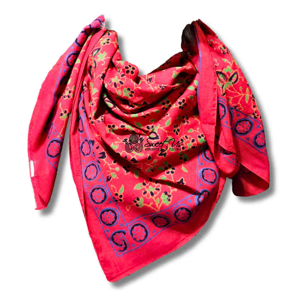 Riviera Petals Cotton Block Print Summer Floral Scarf for Women, Elysian Rouge