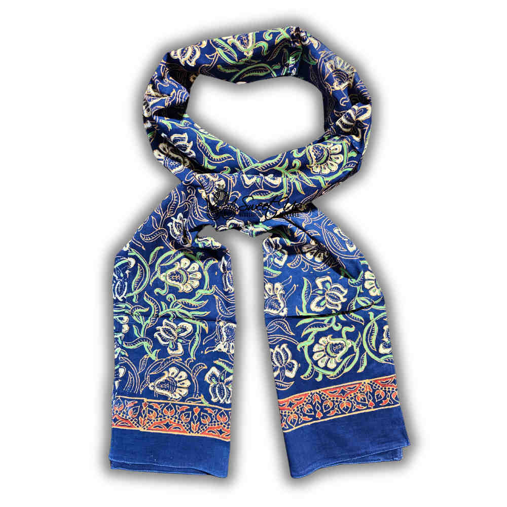 Riviera Petals Cotton Block Print Long Floral Scarf for Women, Azure Odyssey