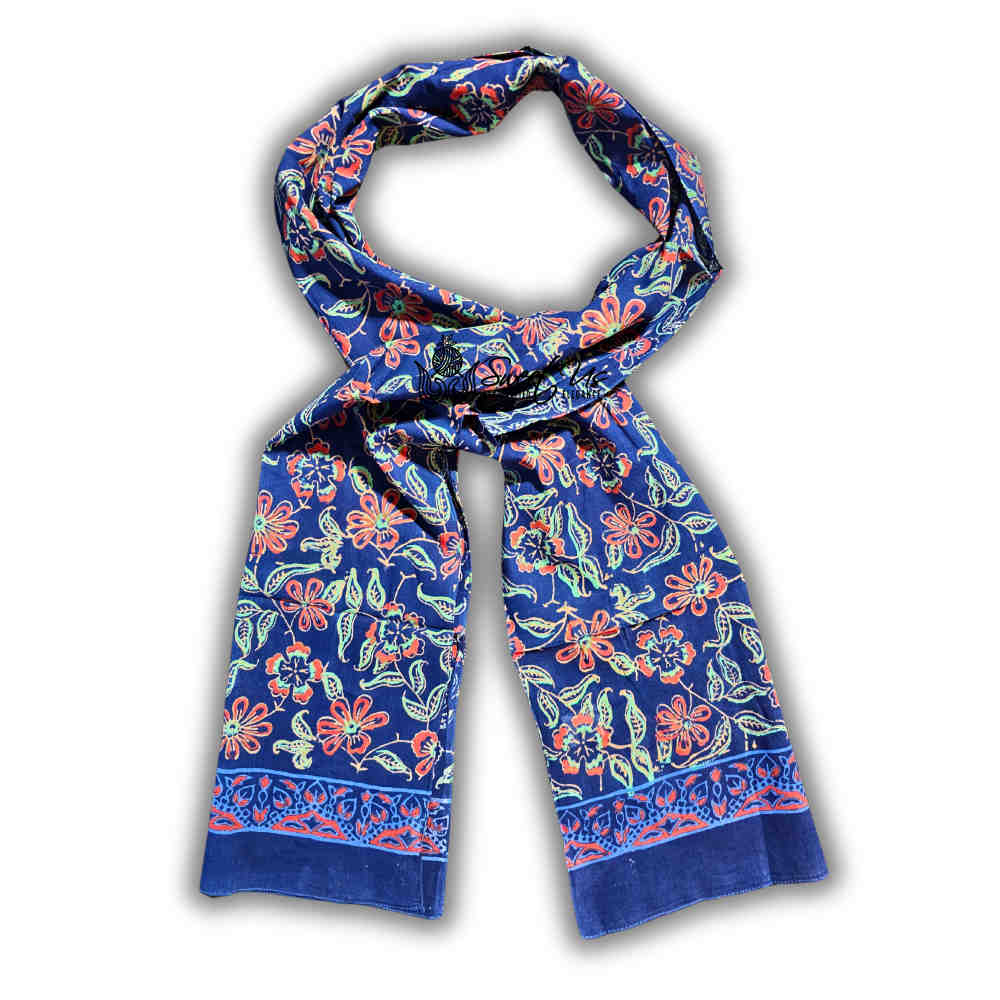 Riviera Petals Cotton Block Print Long Floral Scarf for Women, Ultramarine