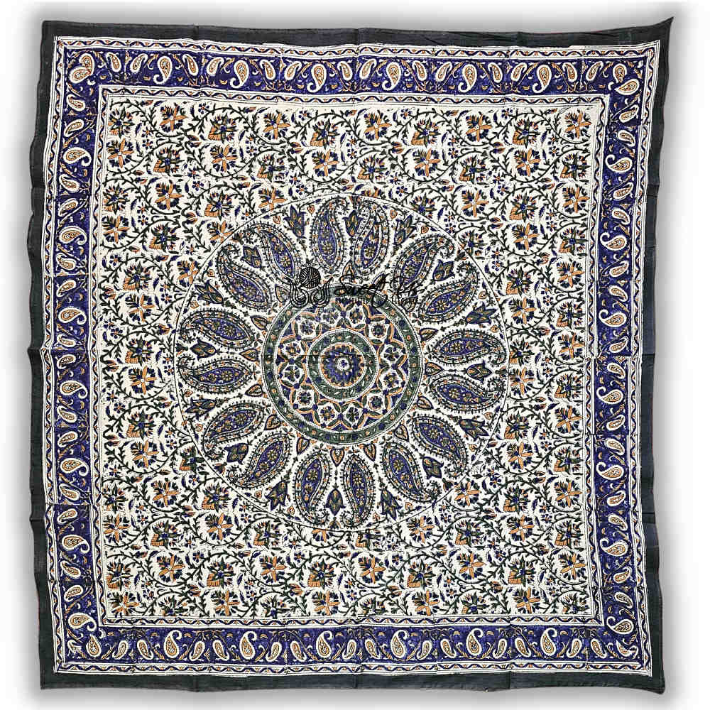 Vintage Paisley Cotton Block Print Summer Floral Scarf for Women, Aqua Dusk