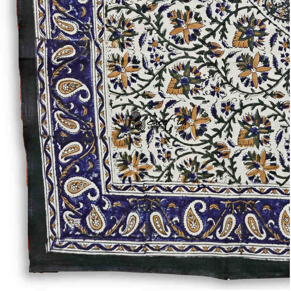 Vintage Paisley Cotton Block Print Summer Floral Scarf for Women, Aqua Dusk