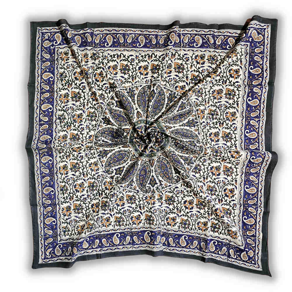 Vintage Paisley Cotton Block Print Summer Floral Scarf for Women, Aqua Dusk