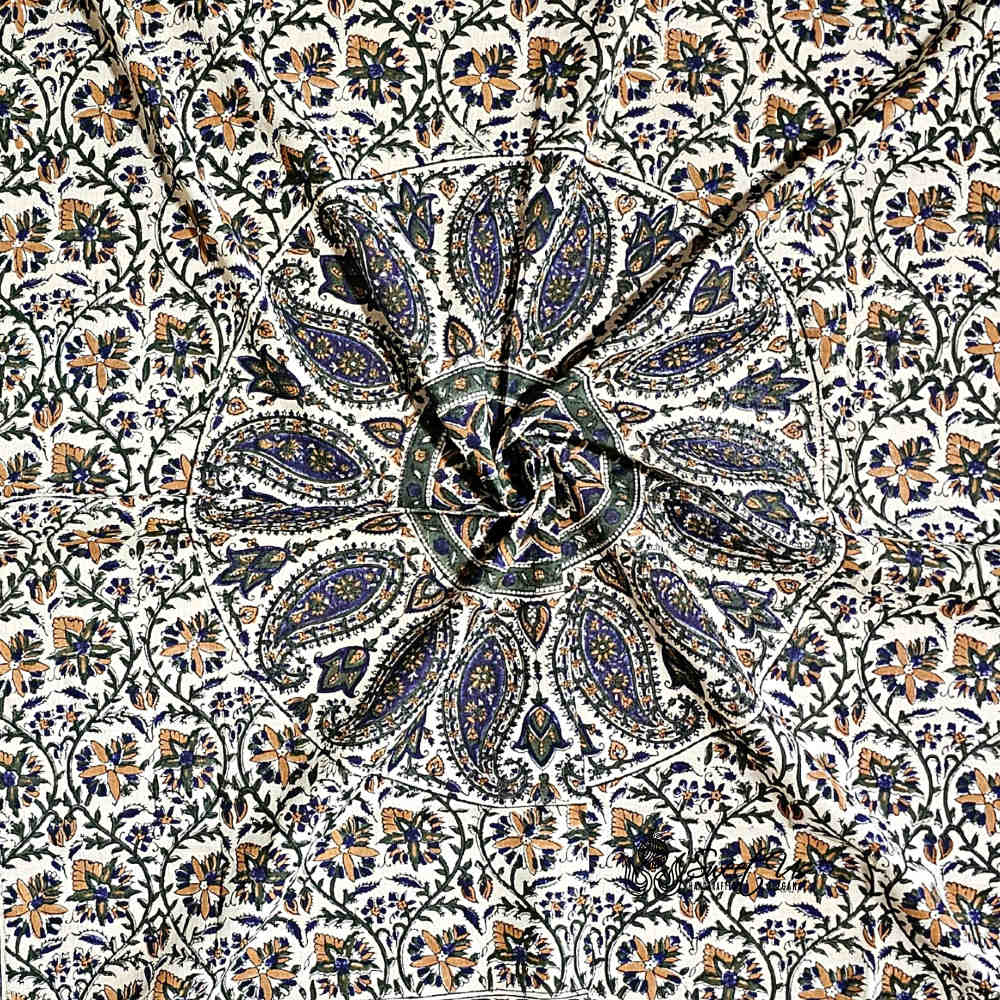 Vintage Paisley Cotton Block Print Summer Floral Scarf for Women, Aqua Dusk