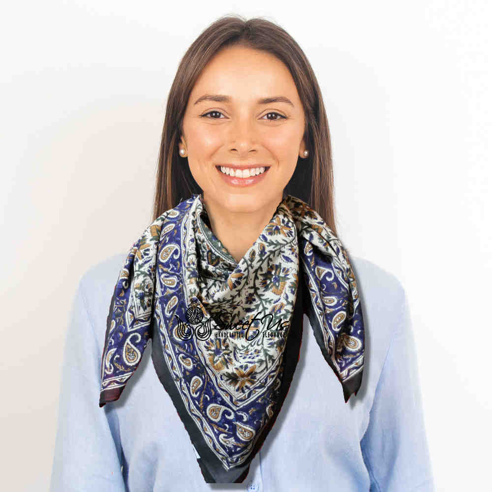 Vintage Paisley Cotton Block Print Summer Floral Scarf for Women, Aqua Dusk