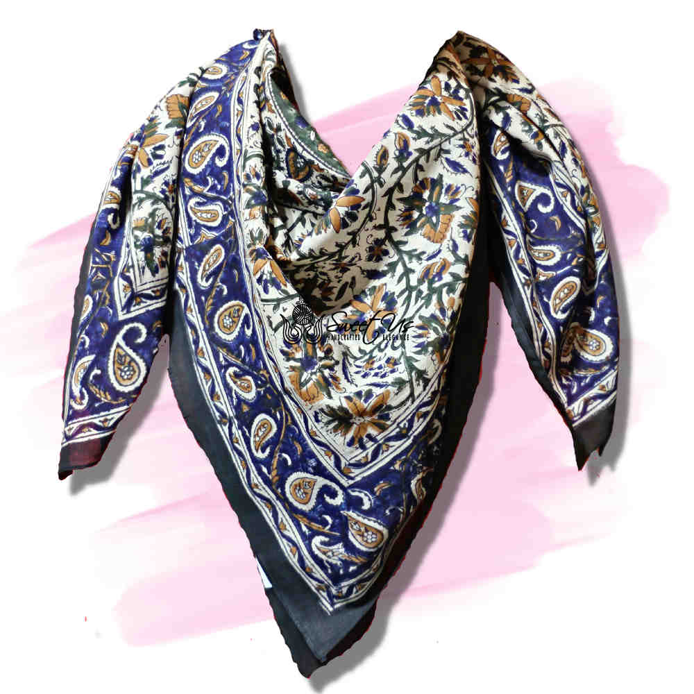 Vintage Paisley Cotton Block Print Summer Floral Scarf for Women, Aqua Dusk