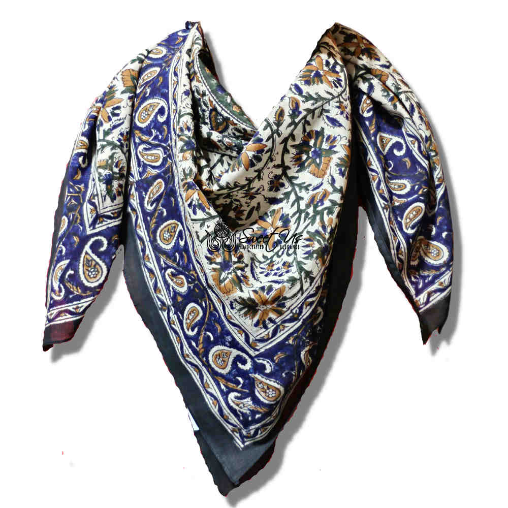 Vintage Paisley Cotton Block Print Summer Floral Scarf for Women, Aqua Dusk