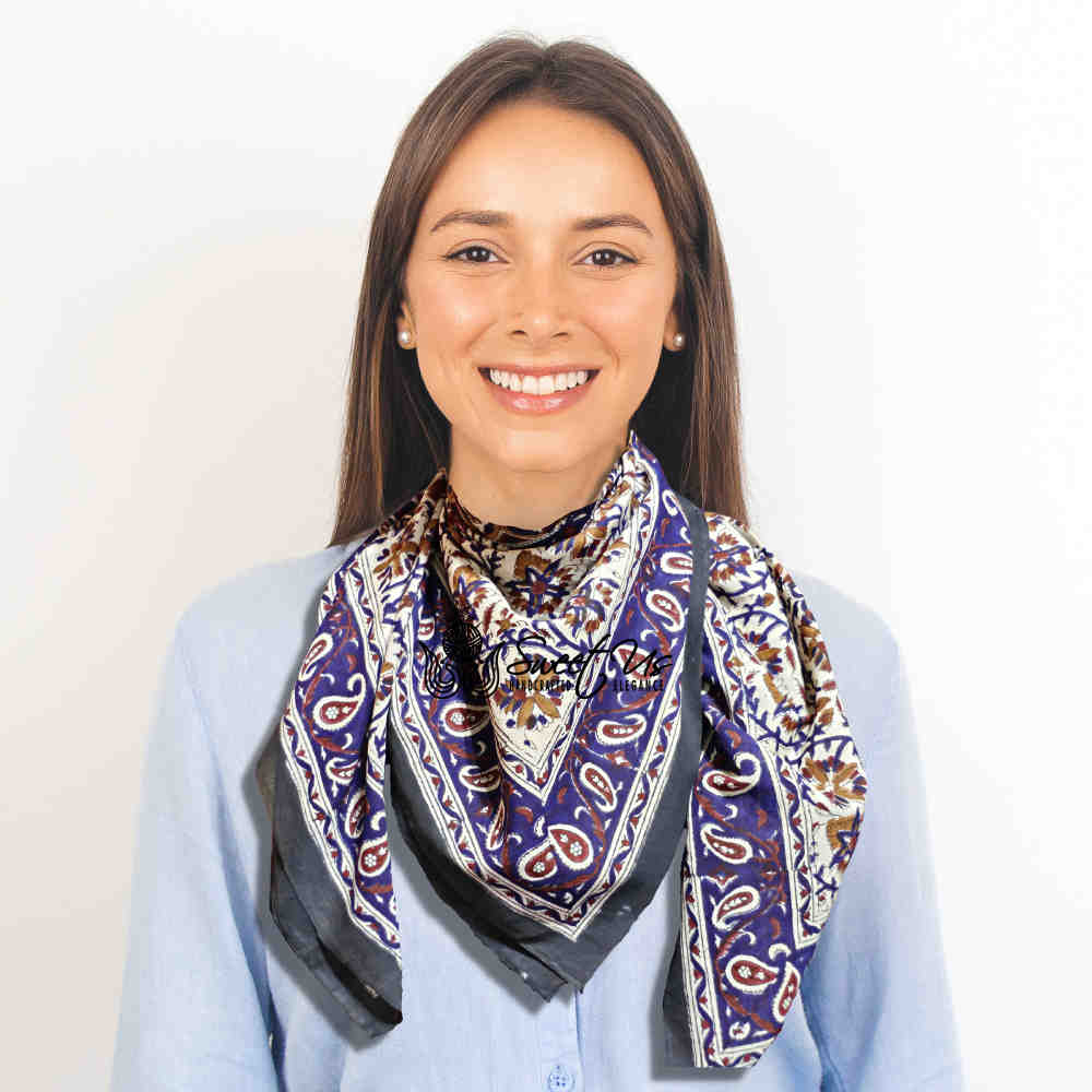 Vintage Paisley Cotton Block Print Summer Floral Scarf for Women, Cobalt Haven
