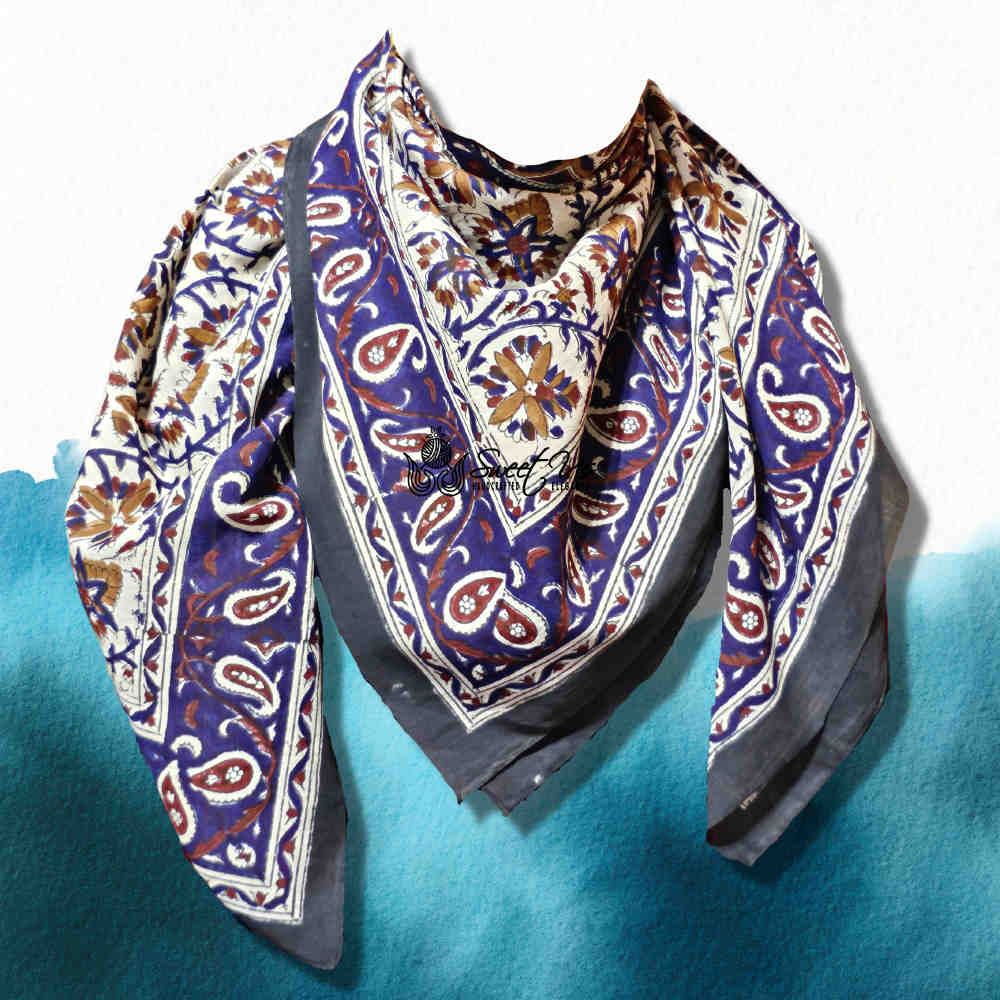 Vintage Paisley Cotton Block Print Summer Floral Scarf for Women, Cobalt Haven