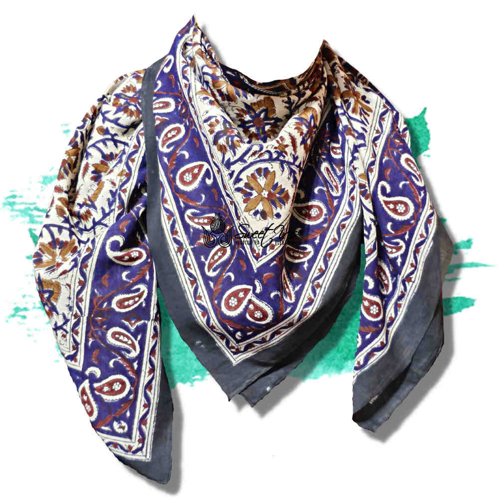 Vintage Paisley Cotton Block Print Summer Floral Scarf for Women, Cobalt Haven