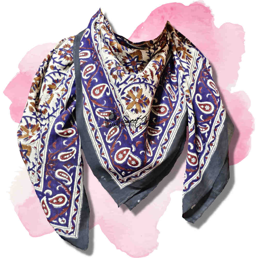 Vintage Paisley Cotton Block Print Summer Floral Scarf for Women, Cobalt Haven