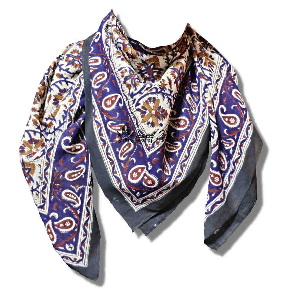 Vintage Paisley Cotton Block Print Summer Floral Scarf for Women, Cobalt Haven