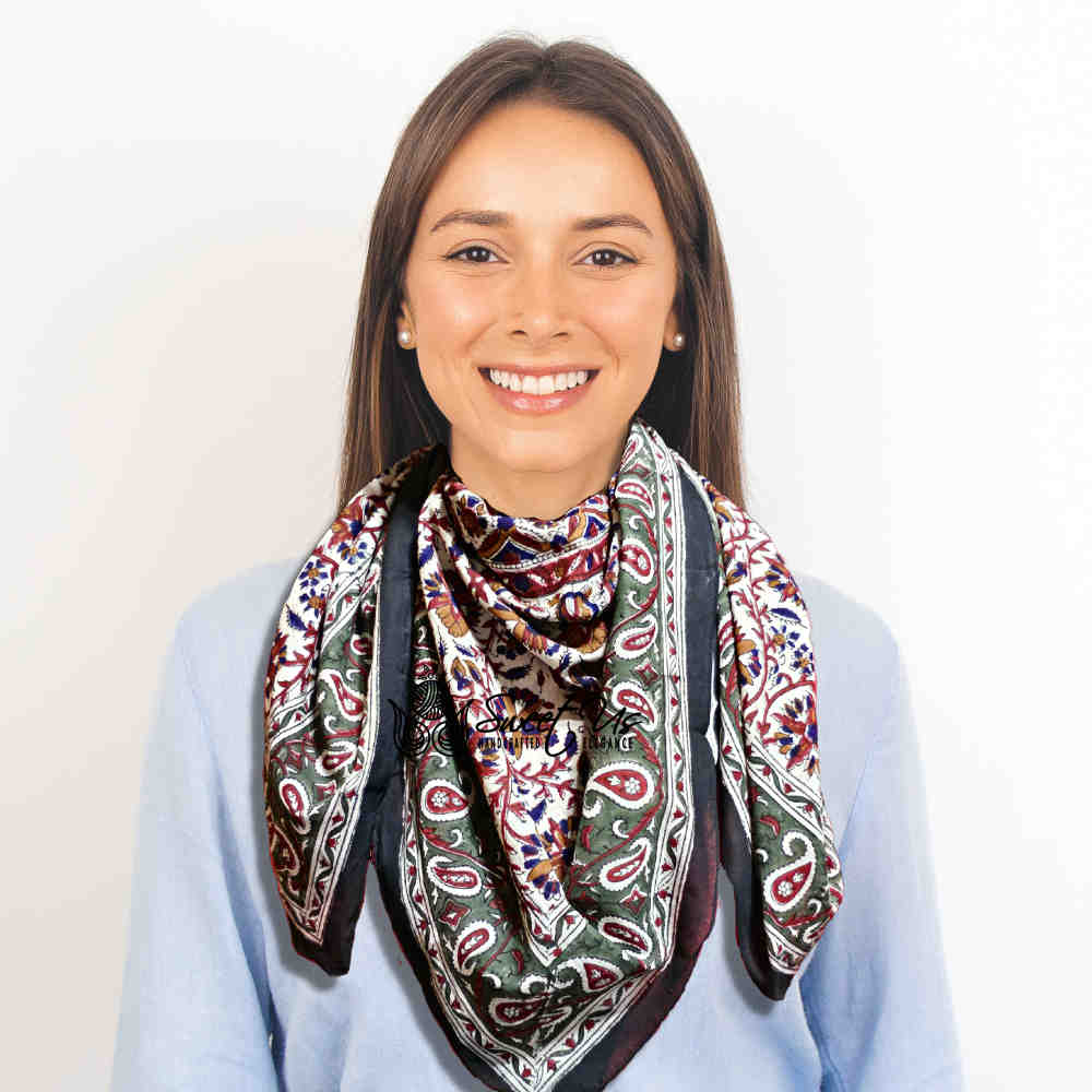 Vintage Paisley Cotton Block Print Summer Floral Scarf for Women, Jade Oasis