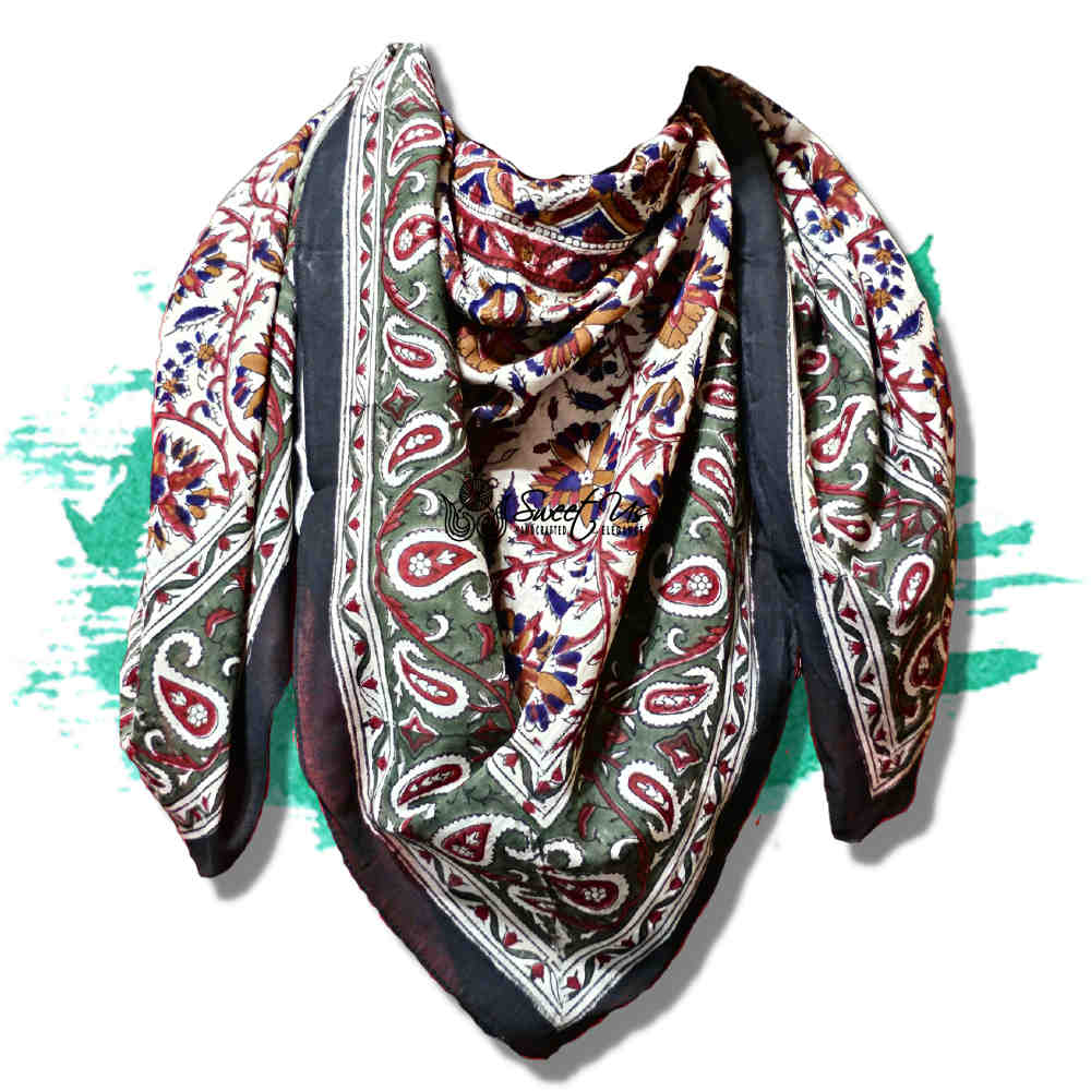Vintage Paisley Cotton Block Print Summer Floral Scarf for Women, Jade Oasis