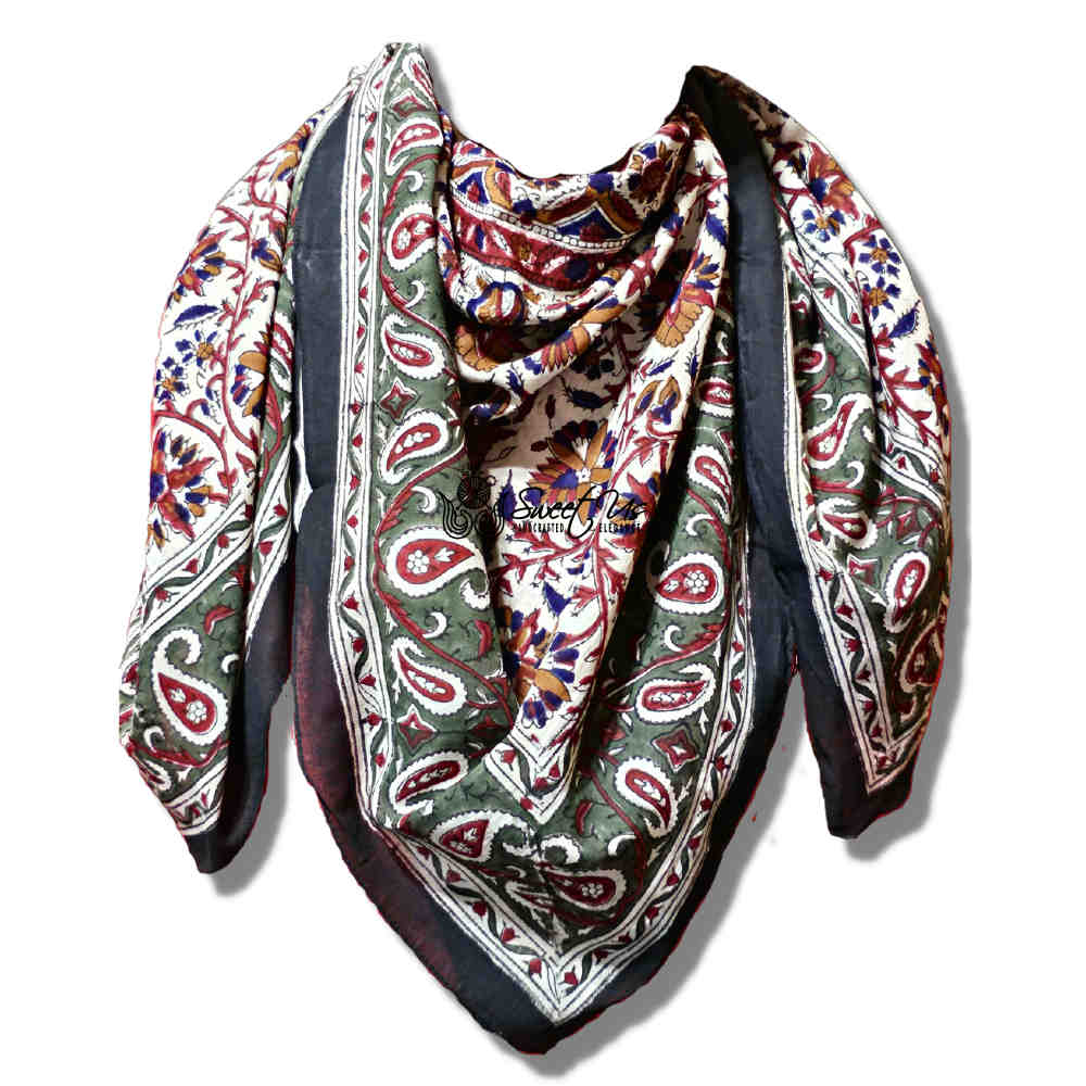 Vintage Paisley Cotton Block Print Summer Floral Scarf for Women, Jade Oasis