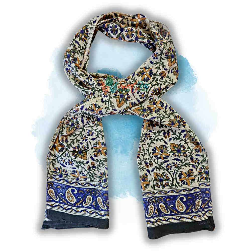 Vintage Paisley Cotton Block Print Summer Floral Scarf for Women, Aqua Dusk