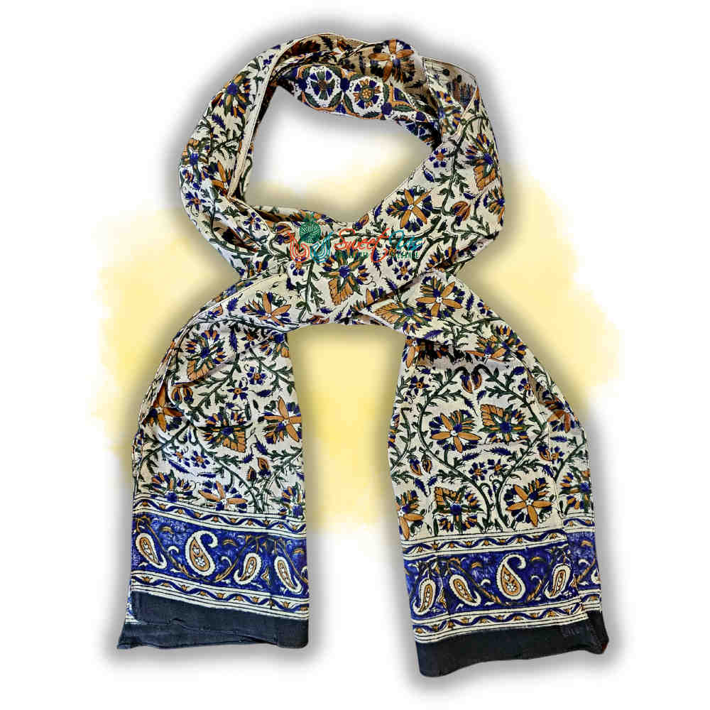 Vintage Paisley Cotton Block Print Summer Floral Scarf for Women, Aqua Dusk