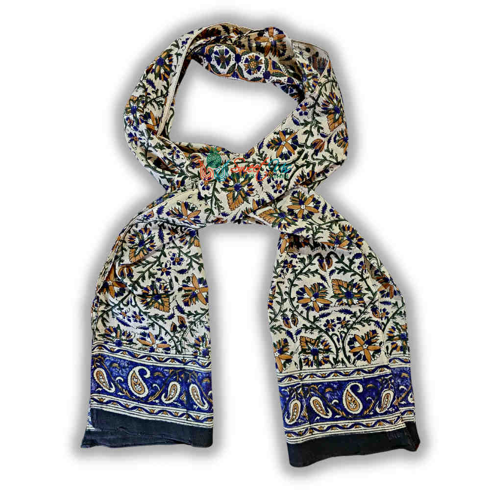 Vintage Paisley Cotton Block Print Summer Floral Scarf for Women, Aqua Dusk