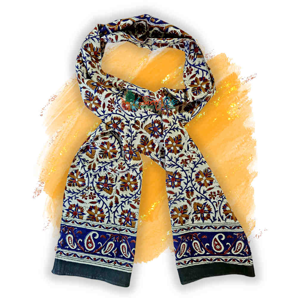 Vintage Paisley Cotton Block Print Summer Floral Scarf for Women, Cobalt Haven