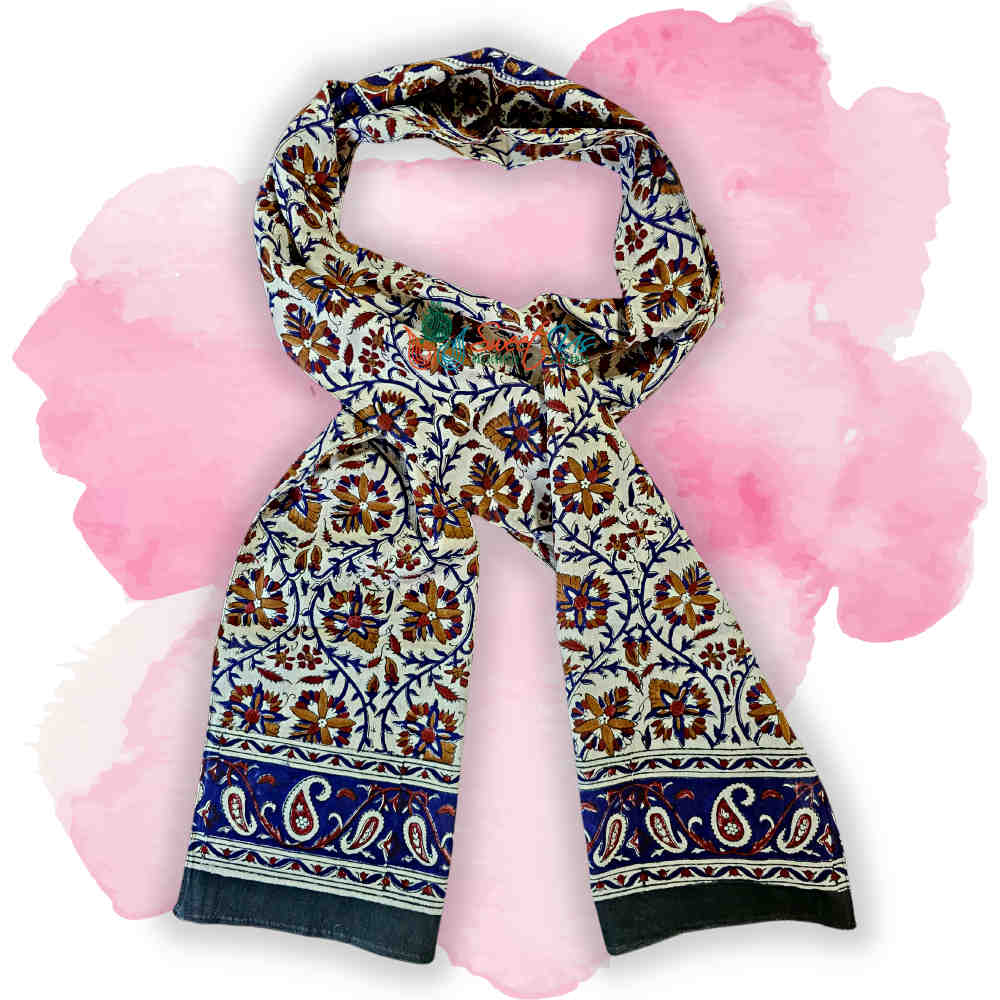 Vintage Paisley Cotton Block Print Summer Floral Scarf for Women, Cobalt Haven