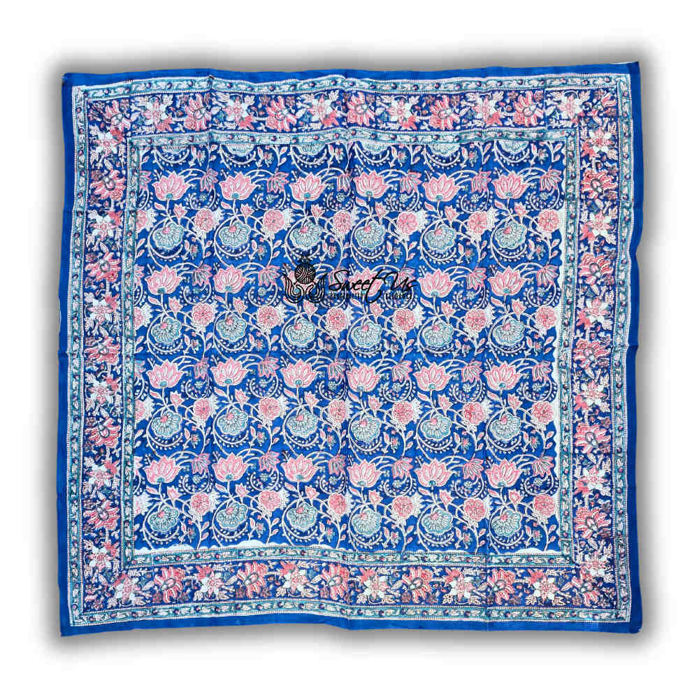 Lotus Dreams Cotton Block Print Summer Floral Scarf for Women, Sapphire Charm