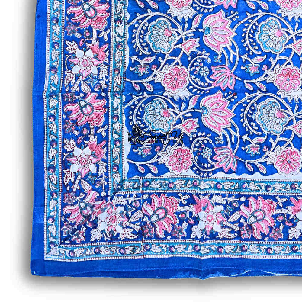 Lotus Dreams Cotton Block Print Summer Floral Scarf for Women, Sapphire Charm