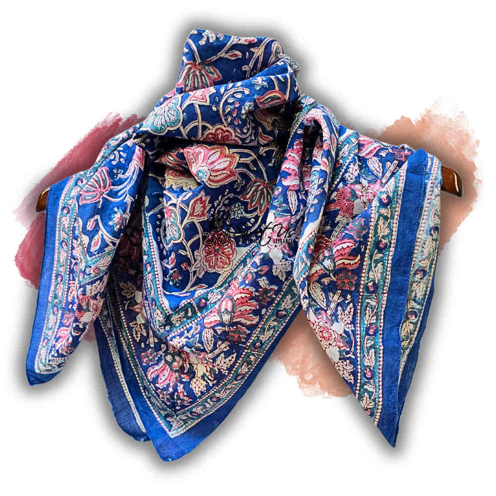 Lotus Dreams Cotton Block Print Summer Floral Scarf for Women, Sapphire Charm