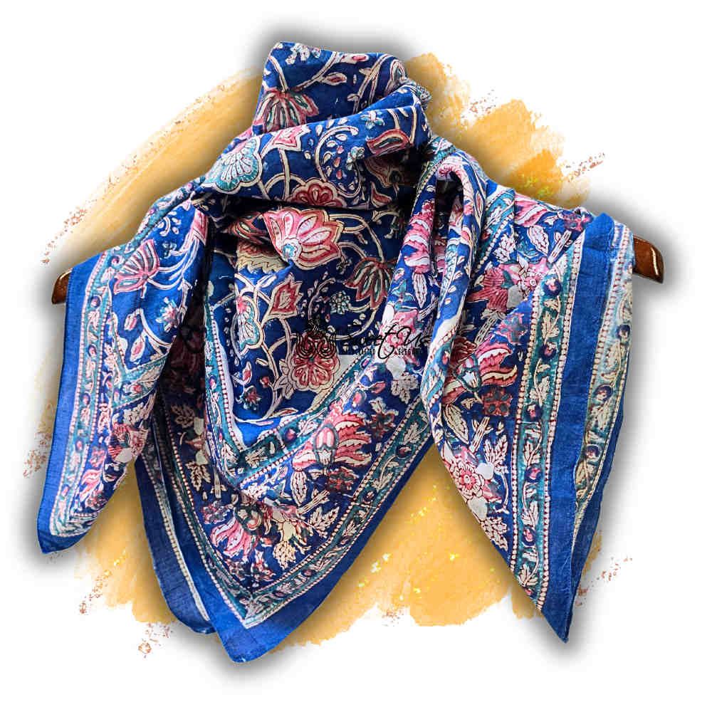 Lotus Dreams Cotton Block Print Summer Floral Scarf for Women, Sapphire Charm