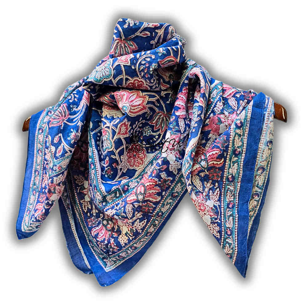 Lotus Dreams Cotton Block Print Summer Floral Scarf for Women, Sapphire Charm