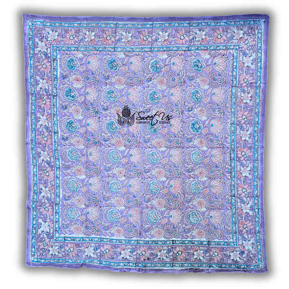 Lotus Dreams Cotton Block Print Summer Floral Scarf for Women, Lilac Luster