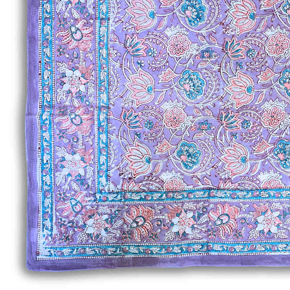 Lotus Dreams Cotton Block Print Summer Floral Scarf for Women, Lilac Luster