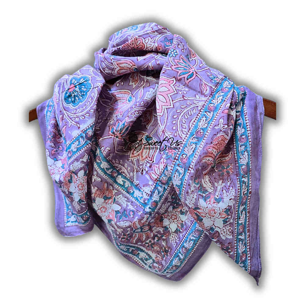 Lotus Dreams Cotton Block Print Summer Floral Scarf for Women, Lilac Luster