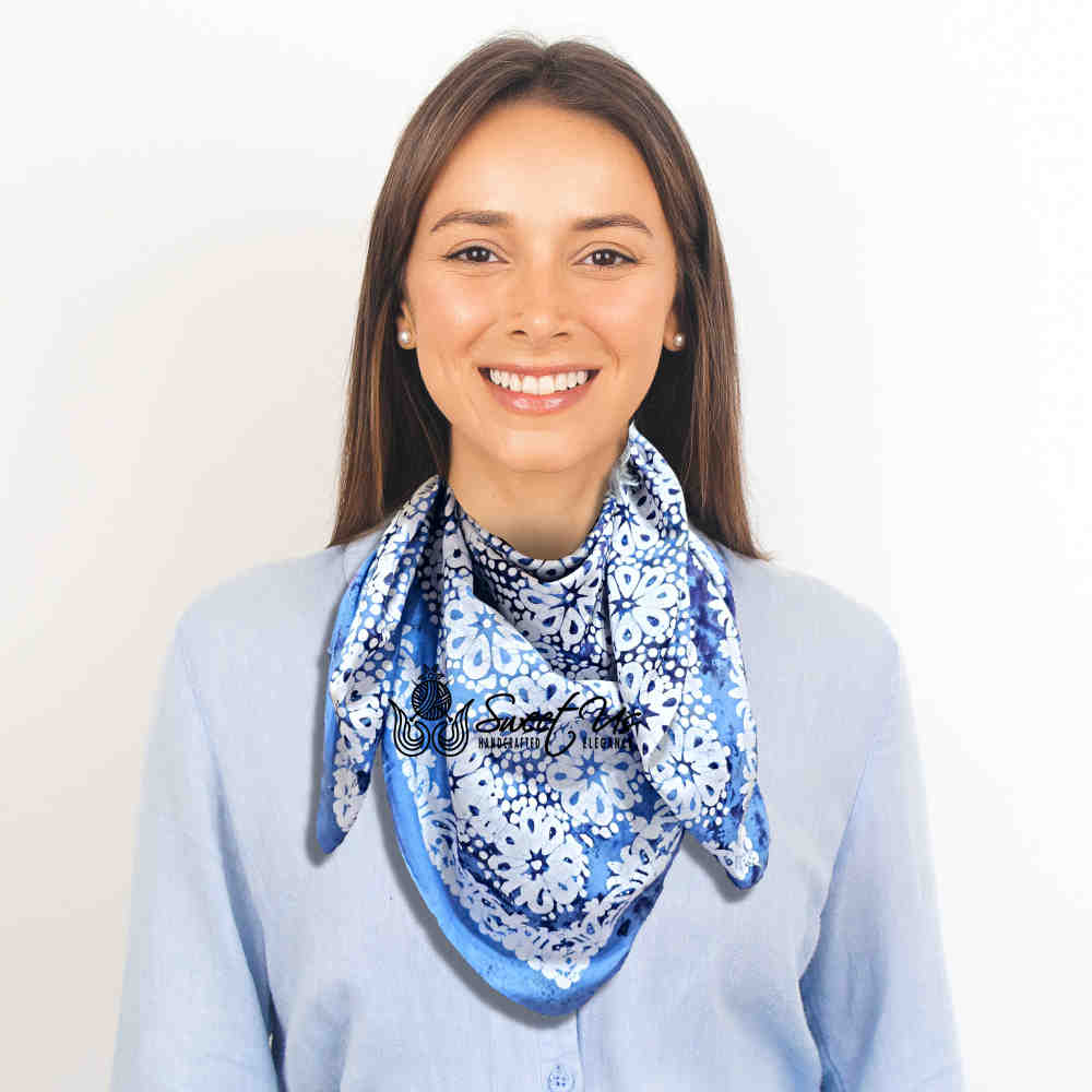 Batik Bloom Floral Sheer Soft Cotton Scarf for Women, Shadow Blue