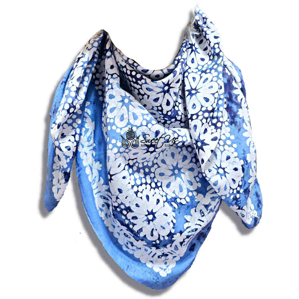 Batik Bloom Floral Sheer Soft Cotton Scarf for Women, Shadow Blue