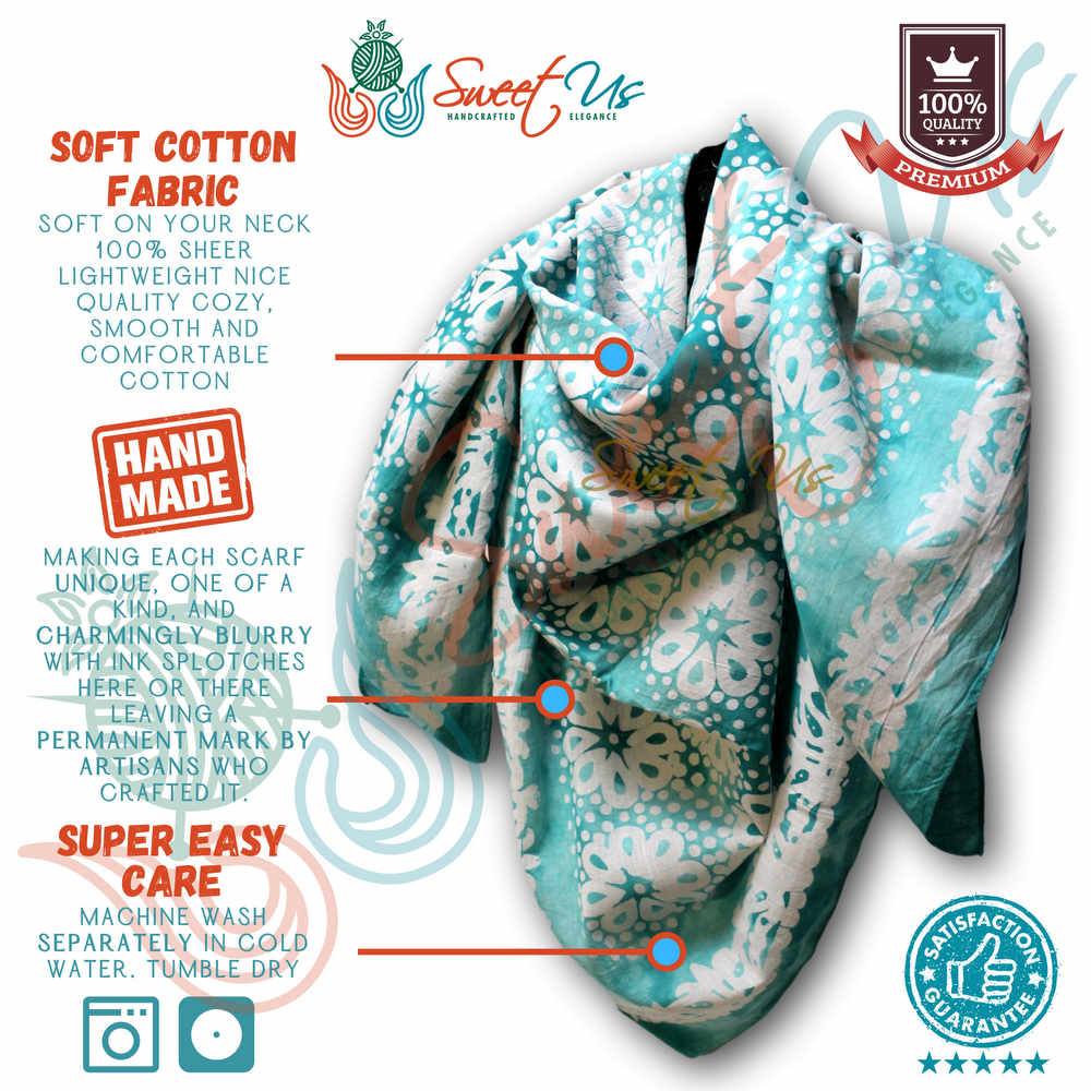 Batik Bloom Floral Sheer Soft Cotton Scarf for Women, Capri Cypress
