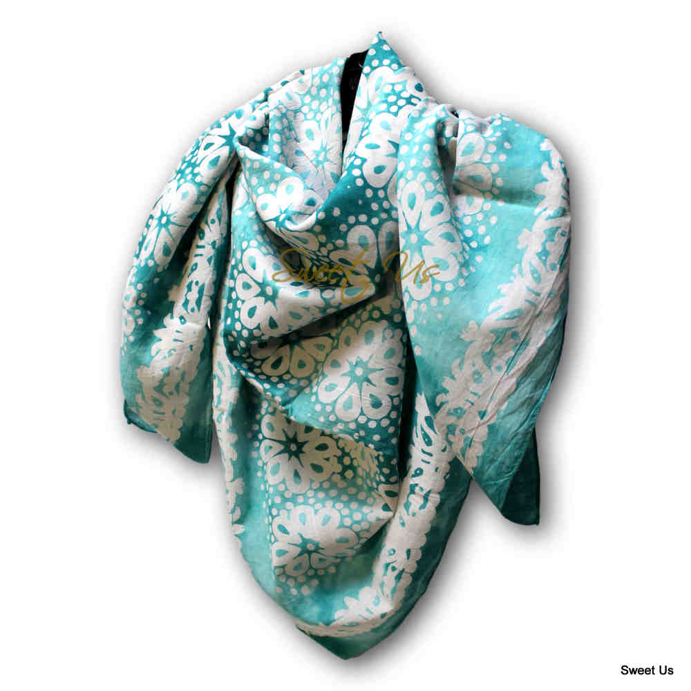 Batik Bloom Floral Sheer Soft Cotton Scarf for Women, Capri Cypress