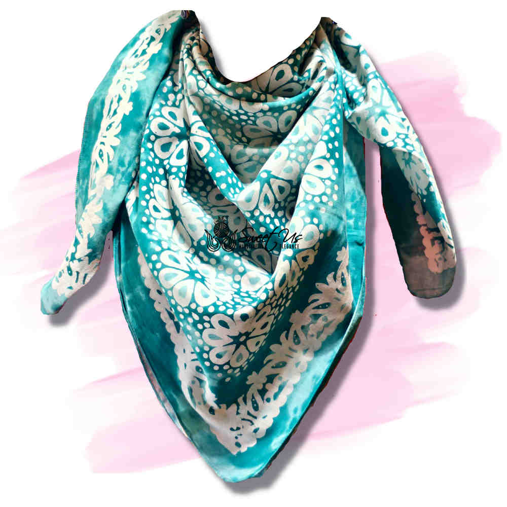 Batik Bloom Floral Sheer Soft Cotton Scarf for Women, Capri Cypress