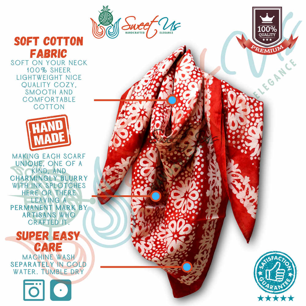 Batik Bloom Floral Sheer Soft Cotton Scarf for Women, Amalfi Blaze