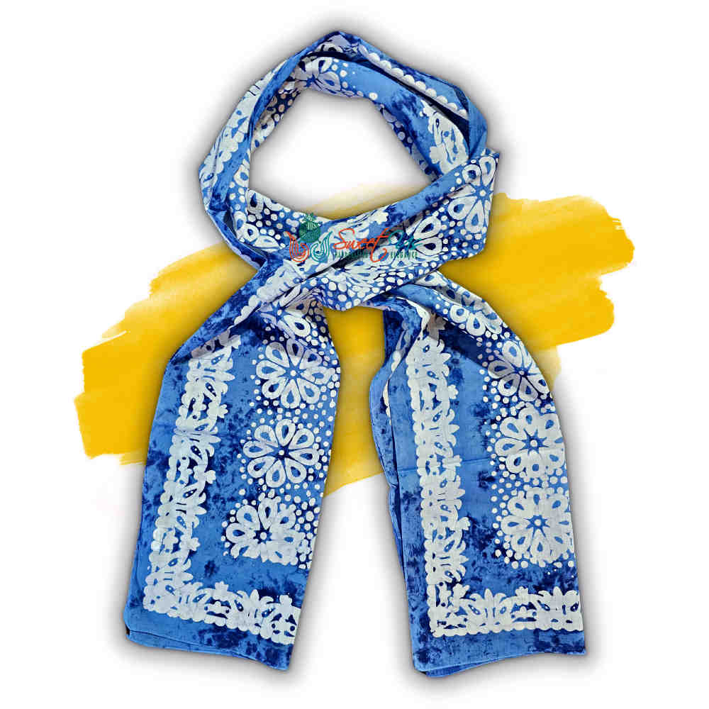 Batik Bloom Floral Sheer Soft Cotton Long Scarf for Women, Shadow Blue
