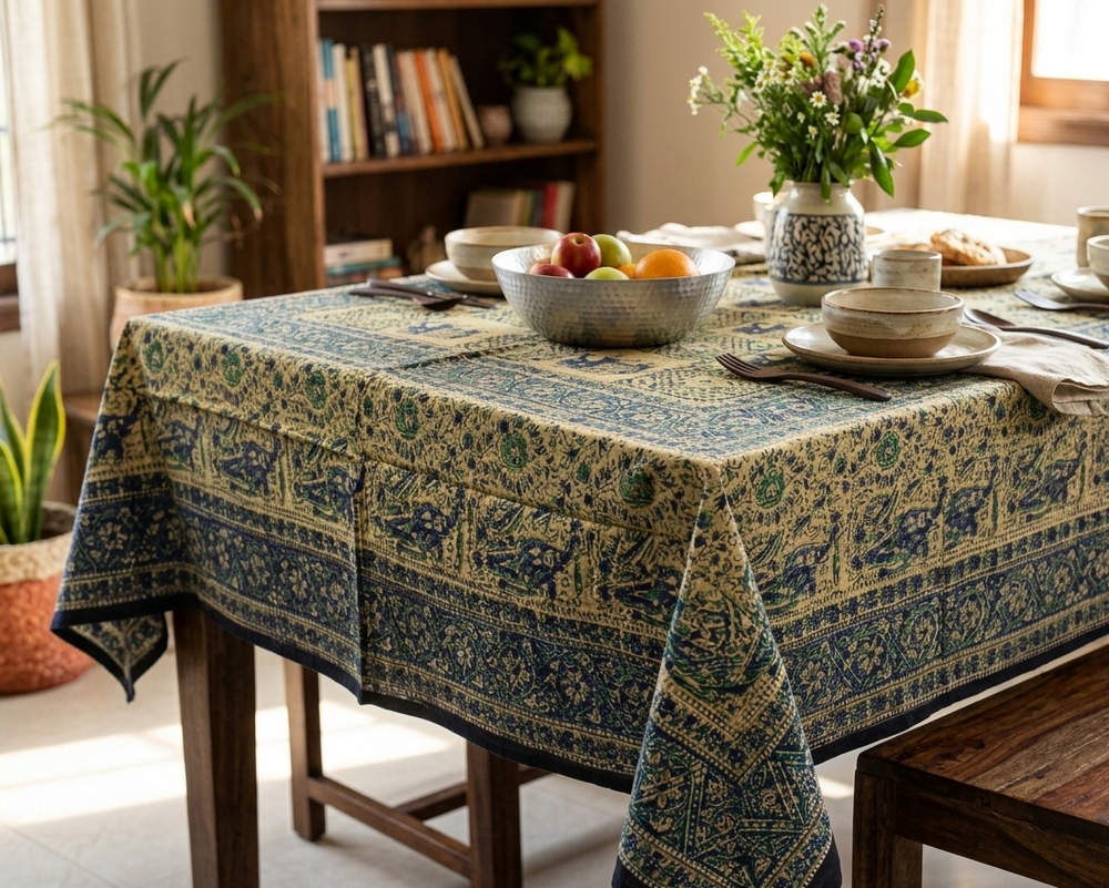 Tusker Trellis Block Print Batik Floral Tablecloth Rectangle, Seafoam