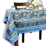 Parisian Paisley Floral Block Print Cotton Tablecloth Collection, Emerald Riviera